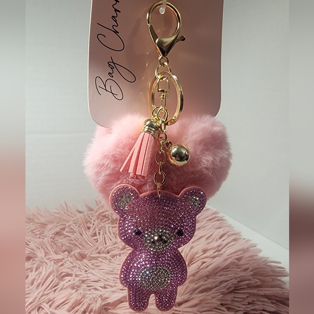 Pink and Purple Bear Keychain with Pom Pom